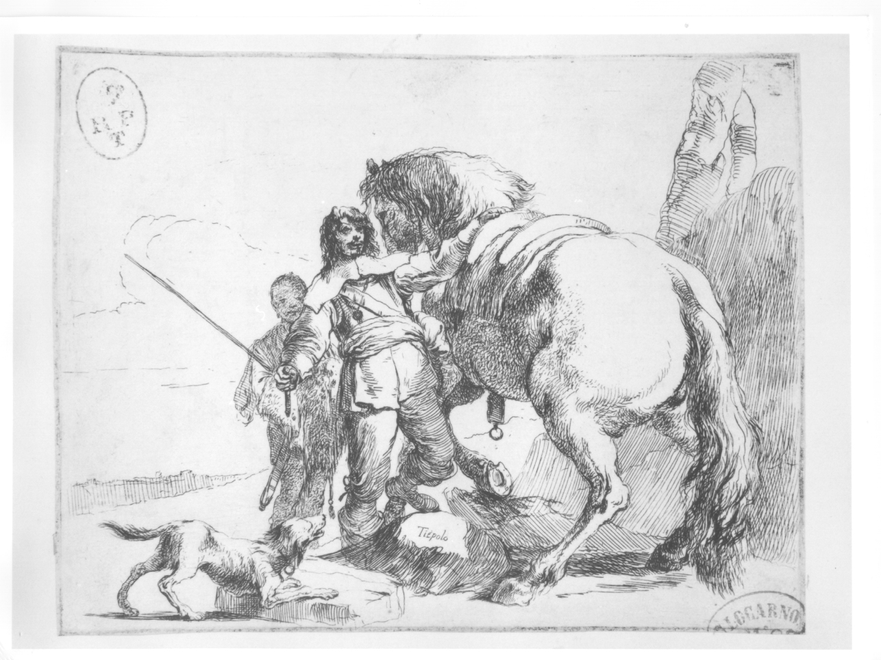 Il cavaliere vicino al suo cavallo, cavaliere con cavallo, scudiero e cane (stampa smarginata) di Tiepolo Giovanni Battista, Tiepolo Gian Domenico (terzo quarto sec. XVIII)