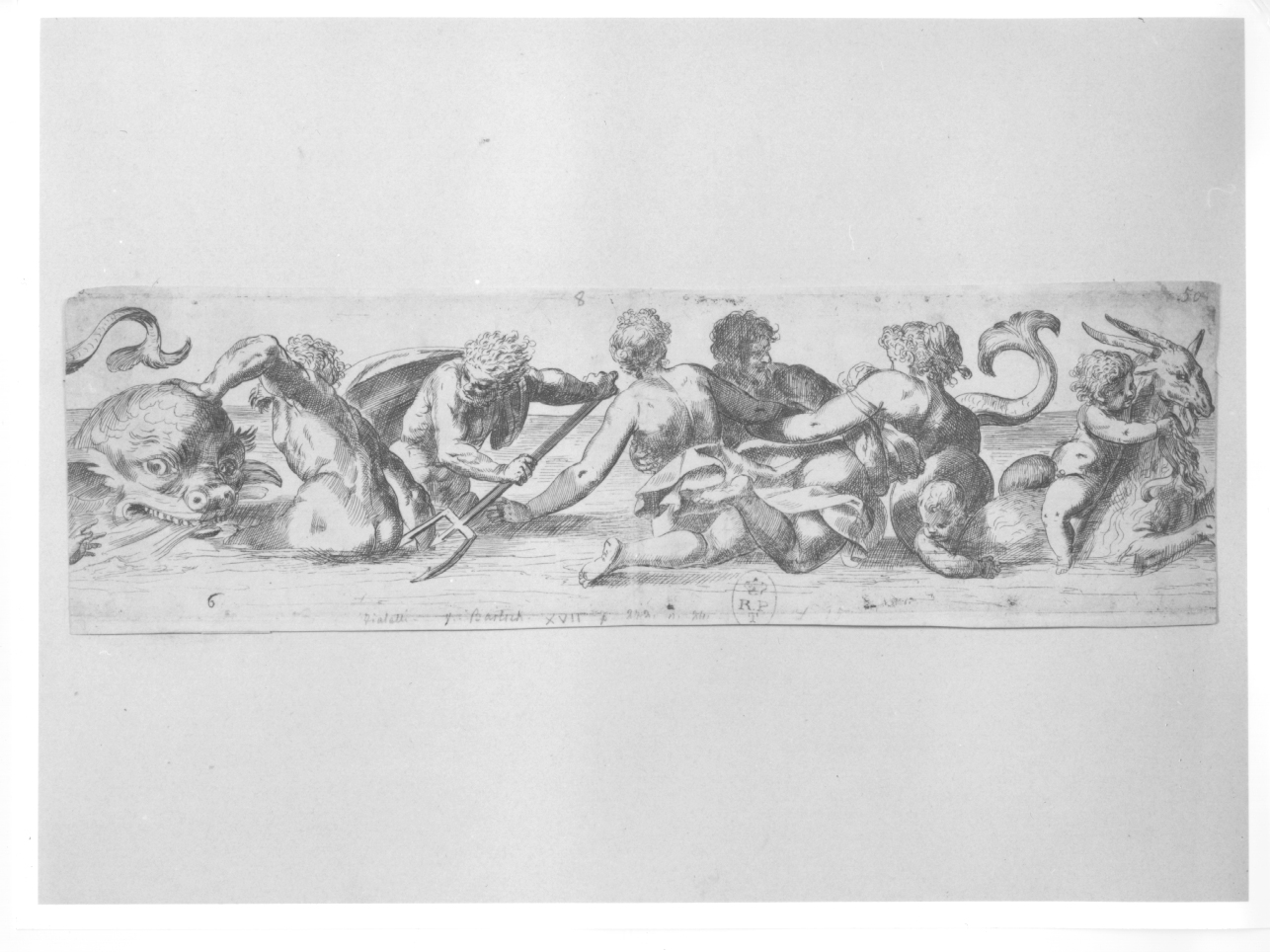 Tritoni e Nereidi, Nereidi e tritoni (stampa tagliata) di Fialetti Odoardo (primo quarto sec. XVII)