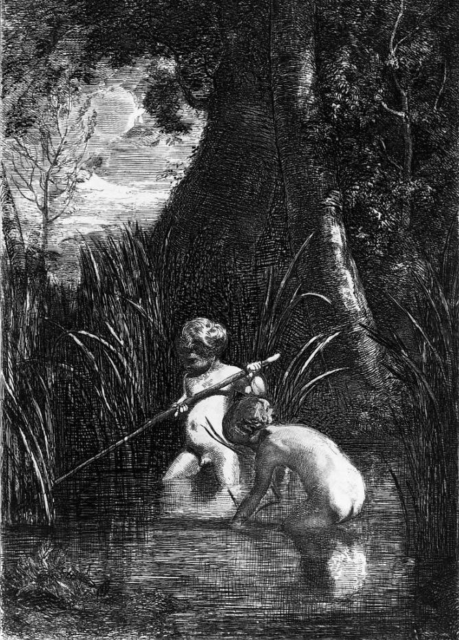 bambini che pescano (stampa) di Fontanesi Antonio (terzo quarto sec. XIX)