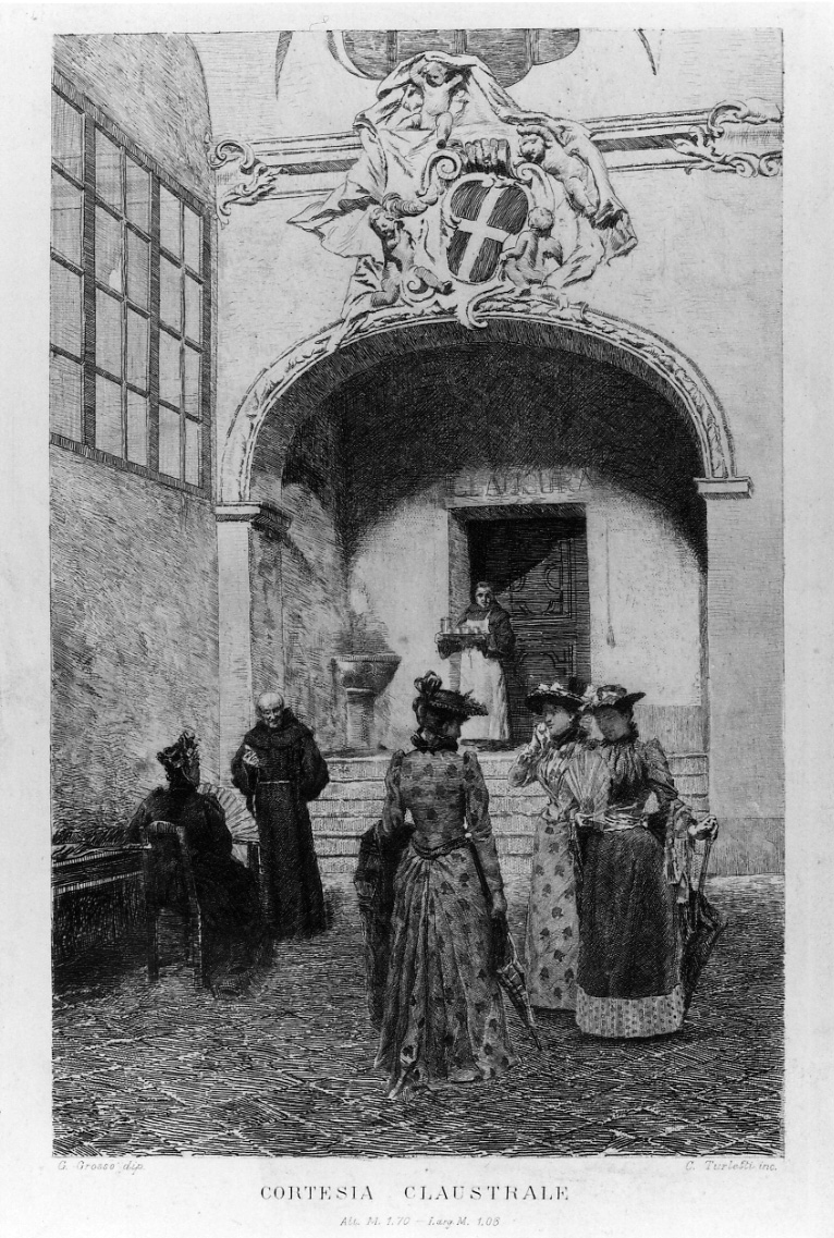 donne in visita ad un monastero (stampa) di Grosso Giacomo, Turletti Celestino (ultimo quarto sec. XIX)