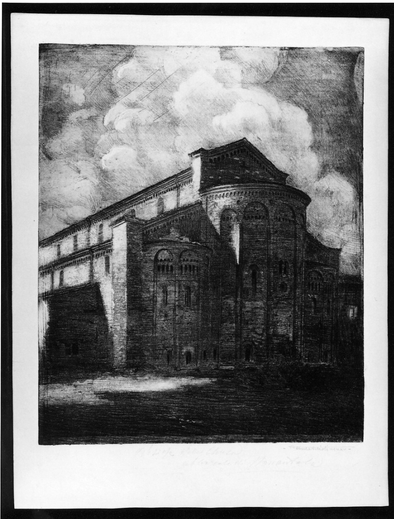 veduta dell'abside dell'abbazia di Nonantola (stampa) di Artioli Alberto (primo quarto sec. XX)