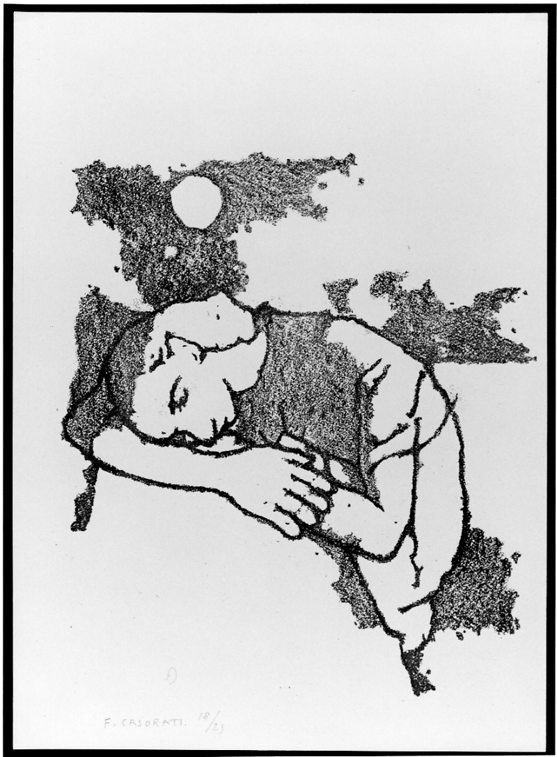 figura femminile dormiente appoggiata a un tavolo (stampa) di Casorati Felice (metà sec. XX)