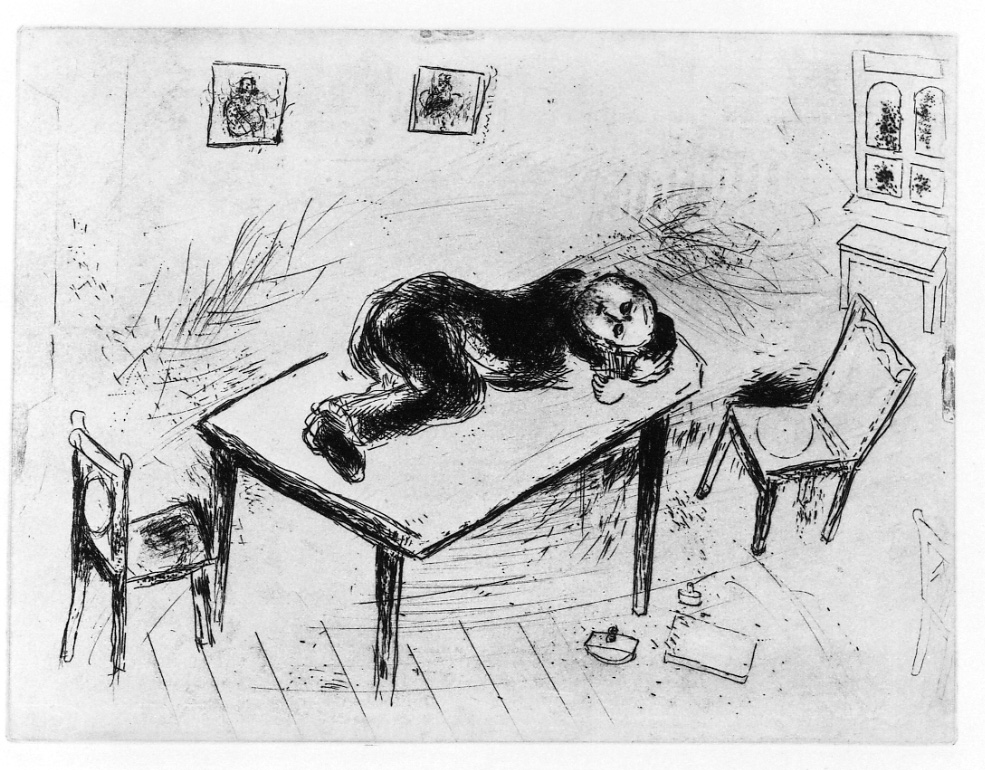 uomo addormentato su un tavolo (stampa) di Chagall Marc, Faure Louis (secondo quarto sec. XX)