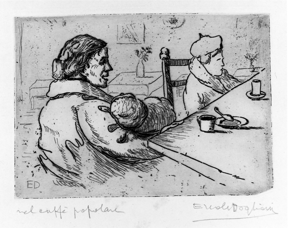 figura femminile con neonato e figura maschile sedute (stampa) di Dogliani Ercole (prima metà sec. XX)