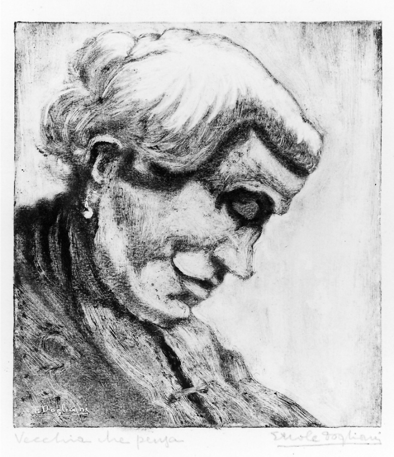 figura femminile di anziana a mezza figura (stampa) di Dogliani Ercole (prima metà sec. XX)