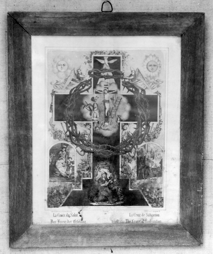 Cristo crocifisso e strumenti della Passione (stampa colorata a mano) - ambito francese (fine/inizio secc. XIX/ XX)