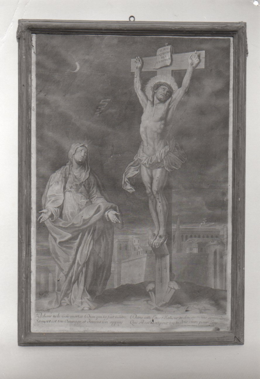 Cristo crocifisso con la Madonna (stampa) di Landry François, Le Brun Charles (primo quarto sec. XVIII)