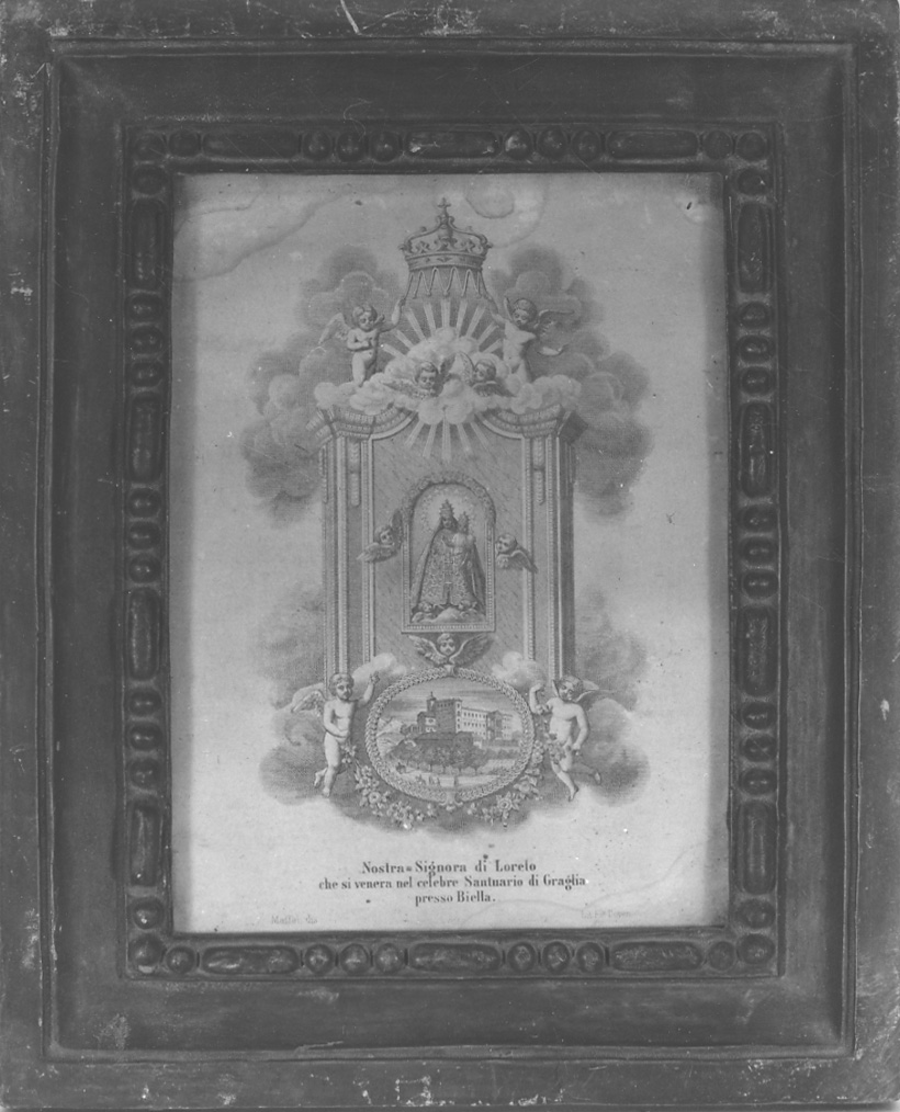 Madonna di Loreto entro edicola e veduta del santuario di Graglia (stampa) di Maffei Giuseppe, Doyen Fratelli Ditta (seconda metà sec. XIX)