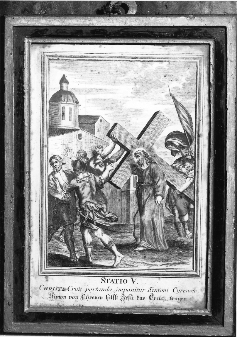 stazione V: Gesù aiutato da Simone il Cireneo a portare la croce (stampa a colori, elemento d'insieme) di Engelbrecht Martin (sec. XVIII)