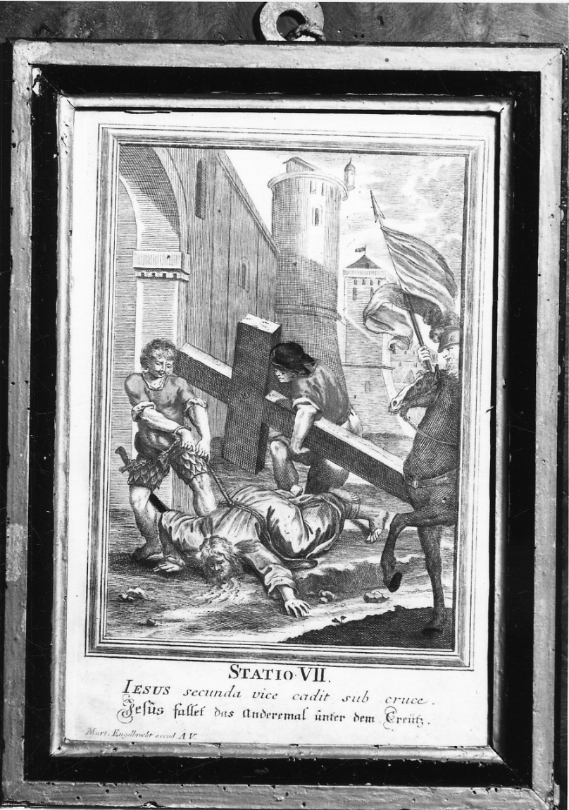 stazione VII: Gesù cade sotto la croce la seconda volta (stampa a colori, elemento d'insieme) di Engelbrecht Martin (sec. XVIII)