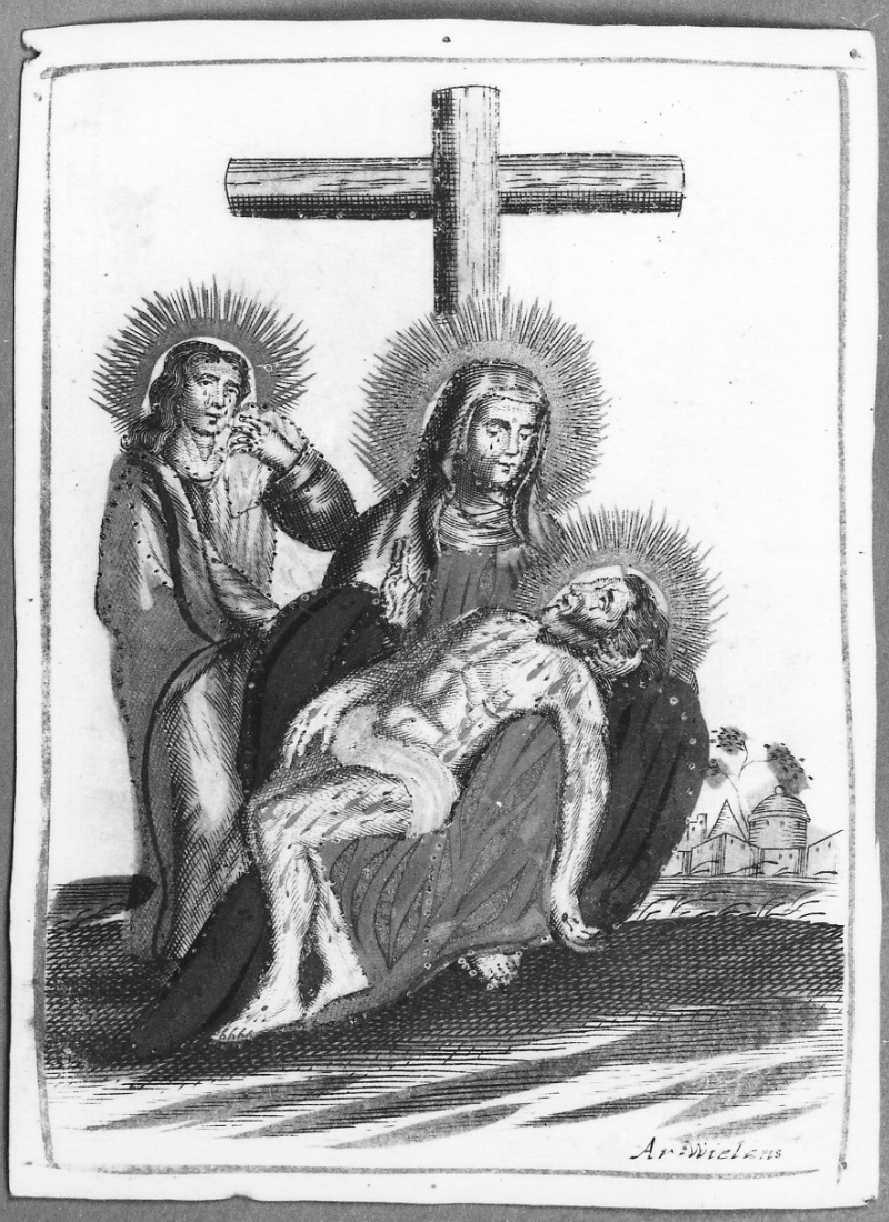 compianto sul Cristo morto (stampa colorata a mano) di Wielans A (prima metà sec. XIX)