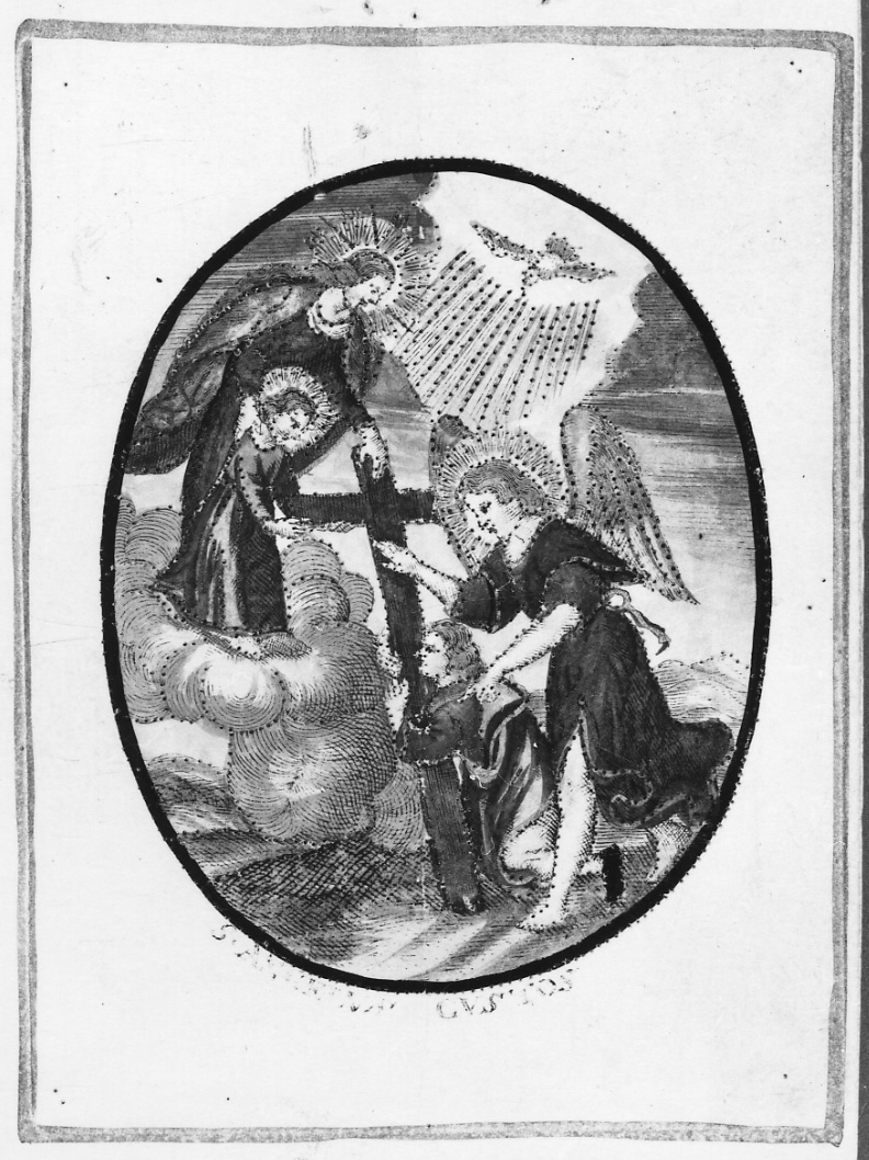 Madonna con Bambino, angelo custode e devoto (stampa colorata a mano, elemento d'insieme) di Lanzellin A (prima metà sec. XIX)