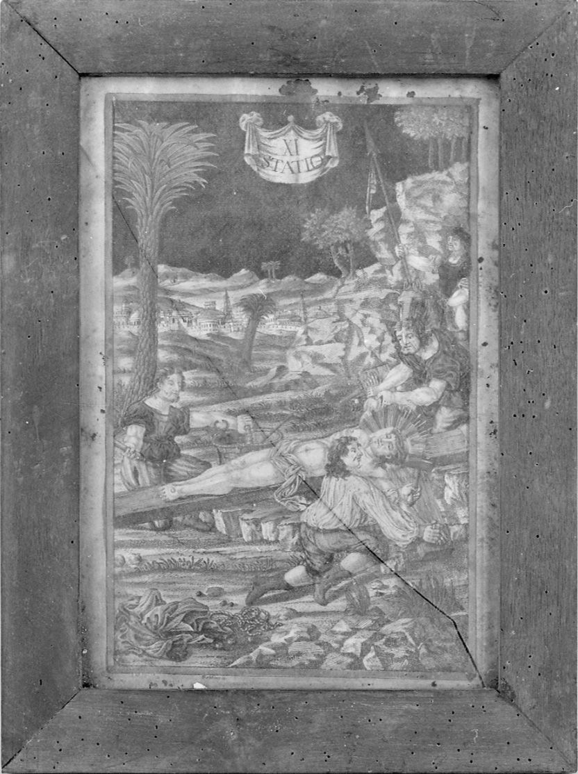 stazione XI: Gesù inchiodato alla croce (stampa, elemento d'insieme) di Frehlig (seconda metà sec. XVIII)