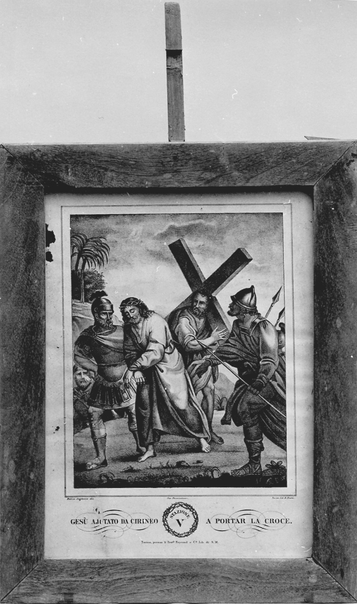 stazione V: Gesù aiutato da Simone il Cireneo a portare la croce (stampa, elemento d'insieme) di Seghesio Felice, Festa Demetrio (sec. XIX)