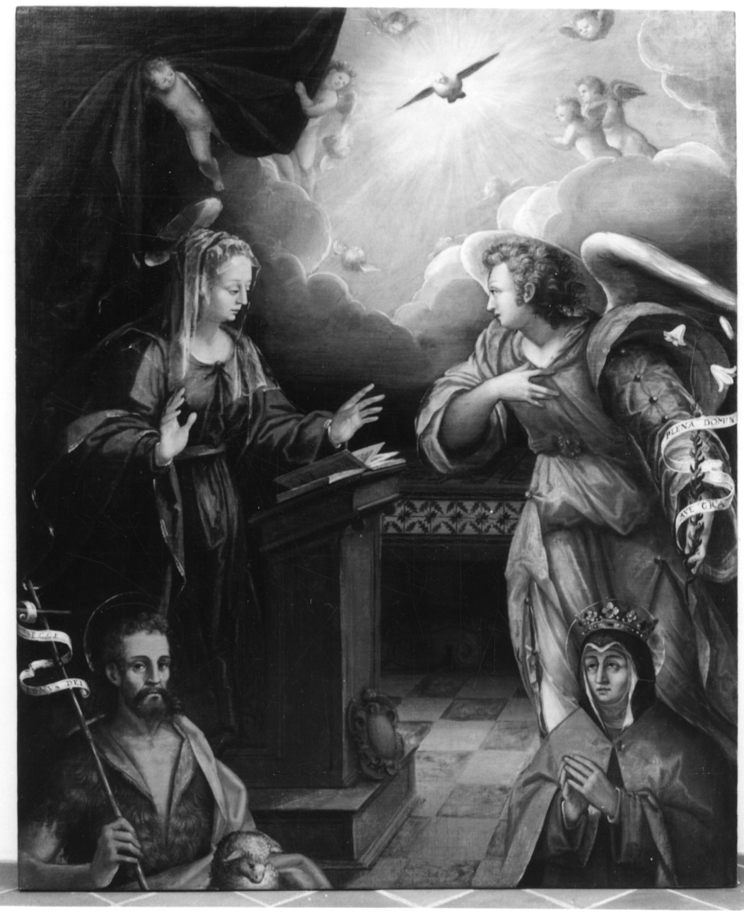 Annunciazione con San Giovanni Battista e Santa Caterina da Siena (dipinto, opera isolata) di Dolce Giovanni Angelo (attribuito) (ultimo quarto sec. XVI)