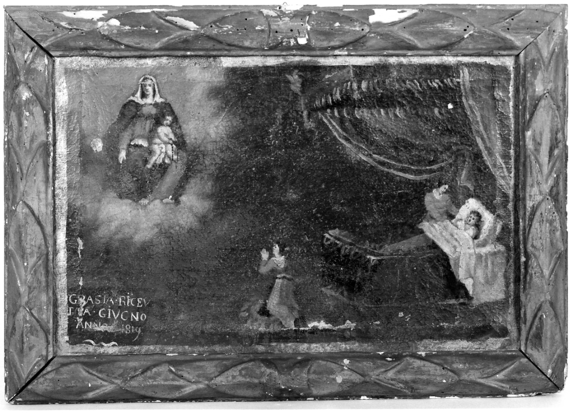 Madonna del Rosario intercede per guarigione di un malato (ex voto, opera isolata) - ambito piemontese (sec. XIX)