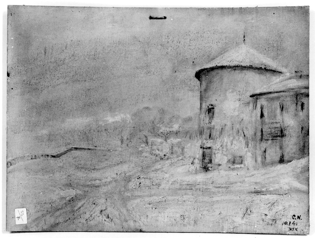 il castello di Masino in inverno, castello (dipinto, opera isolata) - ambito piemontese (sec. XX)