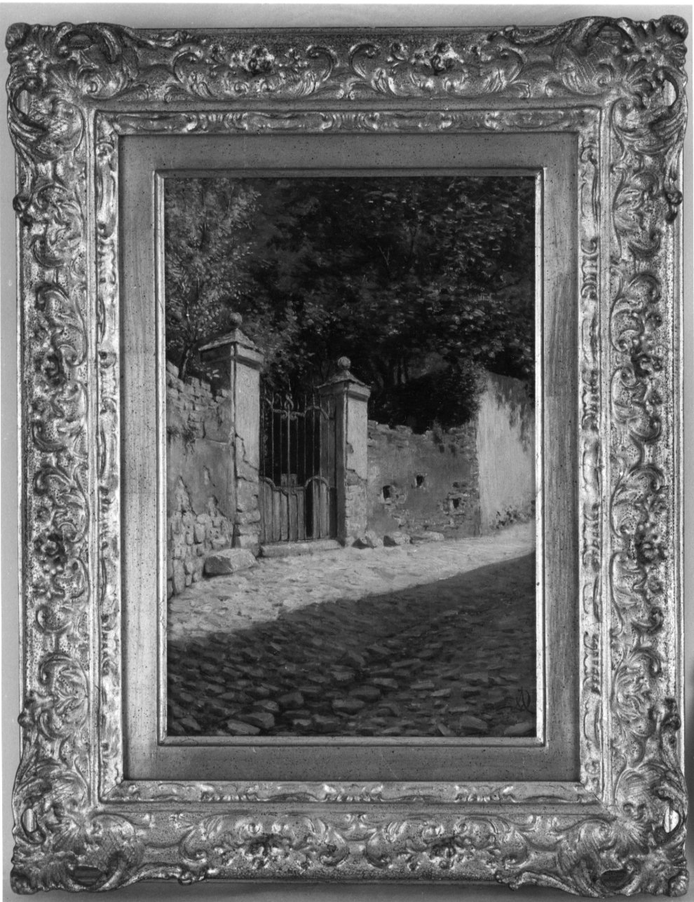 Cancello di villa in campagna, muro di cinta con cancello (dipinto, opera isolata) di Dalbesio Adolfo (ultimo quarto sec. XIX)