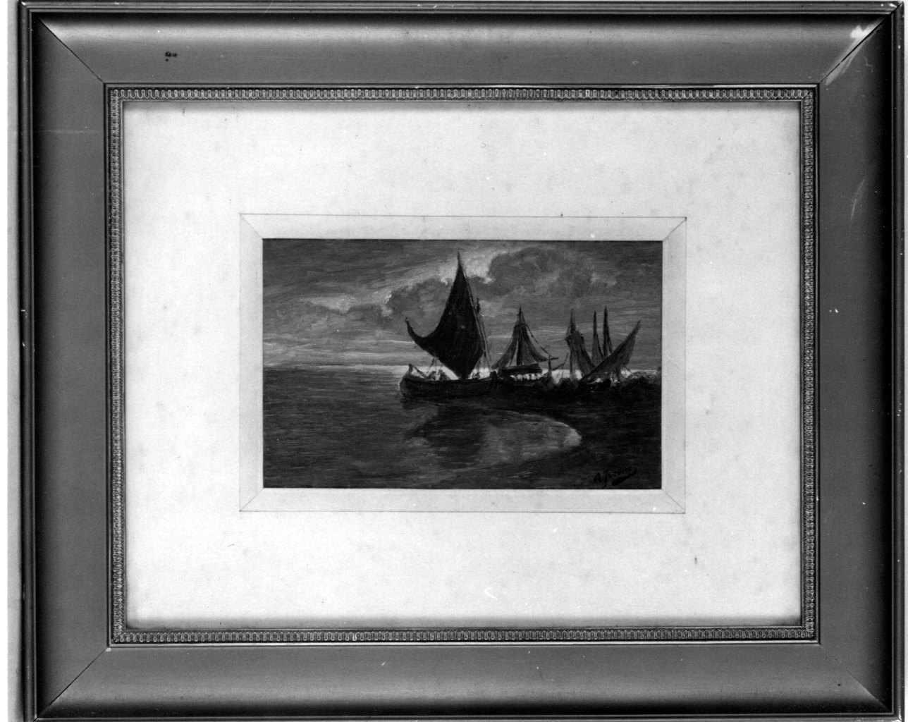 marina con pescatori e barche (dipinto, opera isolata) di Jerone A (fine/inizio secc. XIX/ XX)
