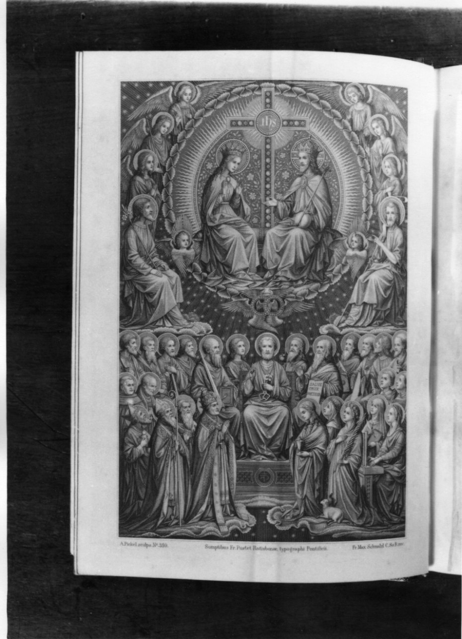 Cristo e la Madonna in gloria con angeli e santi (stampa) di Pickel, Schmalzl Max (ultimo quarto sec. XIX)