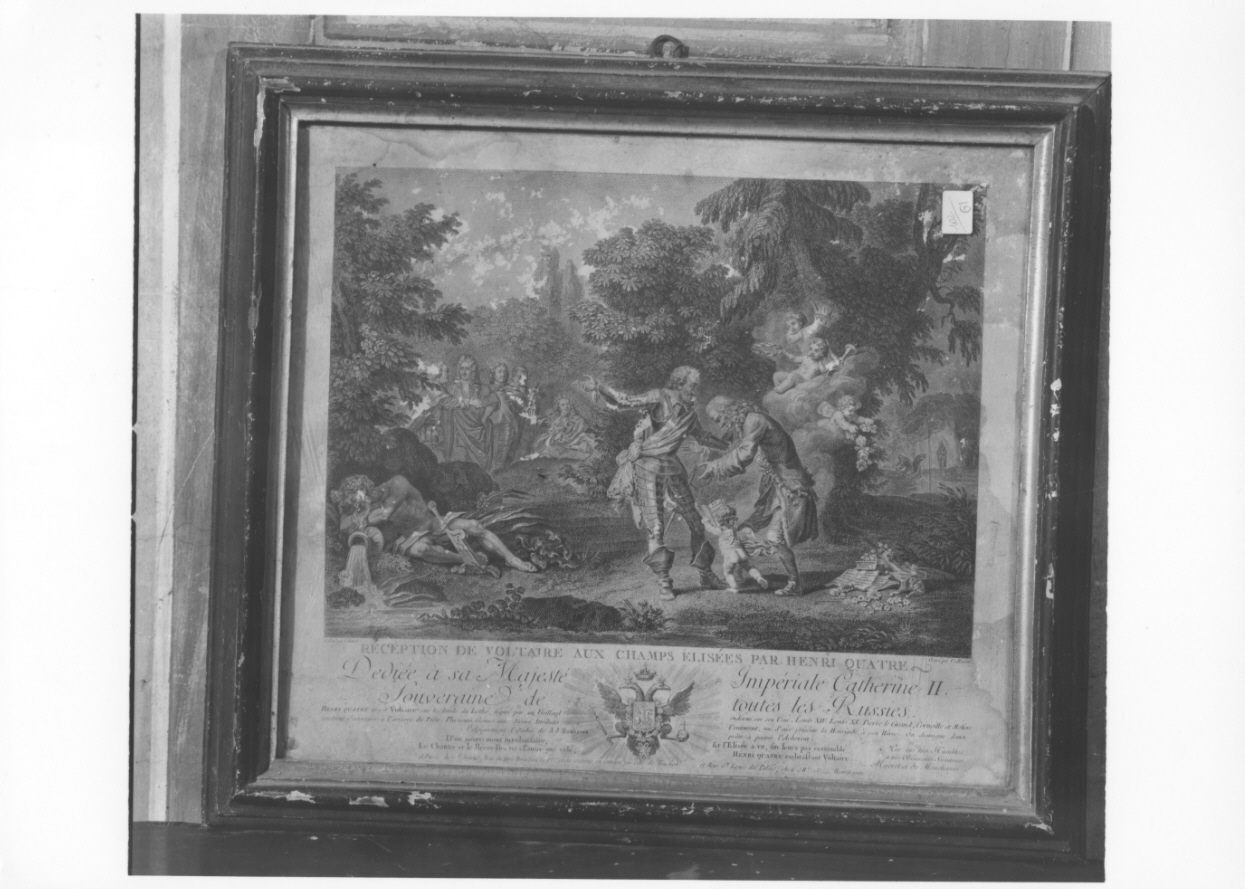 incontro di Voltaire con Enrico IV nei Campi Elisi (stampa tagliata) di Fauvel Louis François Sébastien, Macret Charles François (seconda metà sec. XVIII)