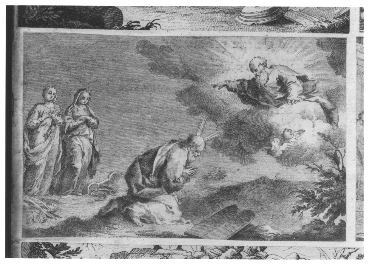 Mosè riceve da Dio le tavole della legge (stampa tagliata, elemento d'insieme) - ambito piemontese (seconda metà sec. XVIII)