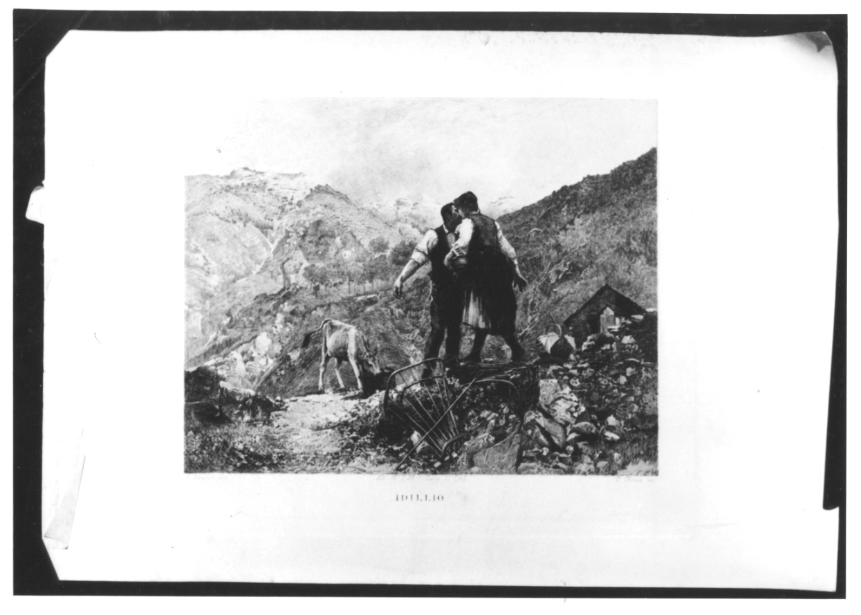 paesaggio montano con amanti (stampa) di Cavalleri Vittorio, Chessa Carlo (fine sec. XIX)