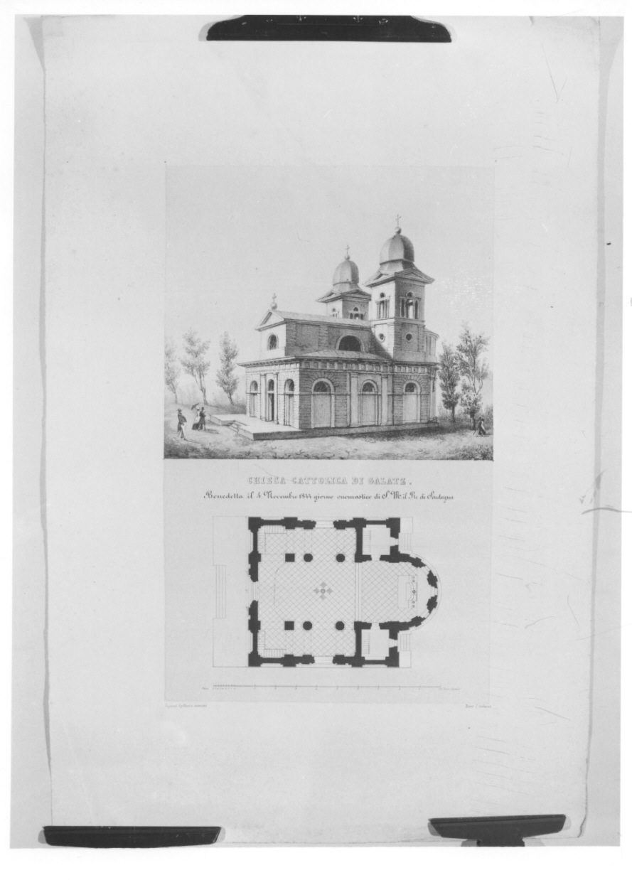 veduta e pianta della chiesa cattolica di Galatz (stampa) di Fagnani Epifanio, Riser J (metà sec. XIX)