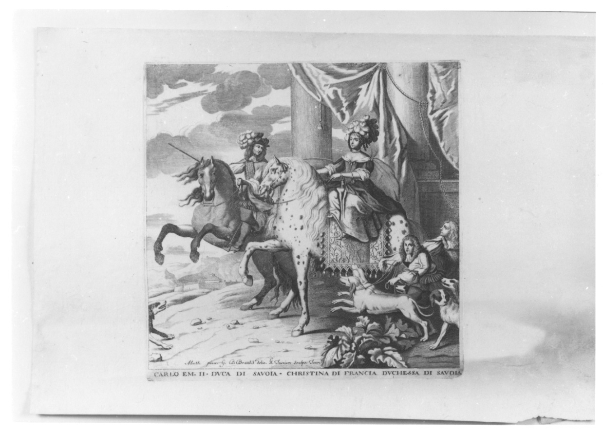 ritratto equestre di Carlo Emanuele II di Savoia e di Cristina di Francia (stampa, elemento d'insieme) di Brambilla Giovanni Battista, Mathieu, Tasnière Georges (terzo quarto sec. XVII)