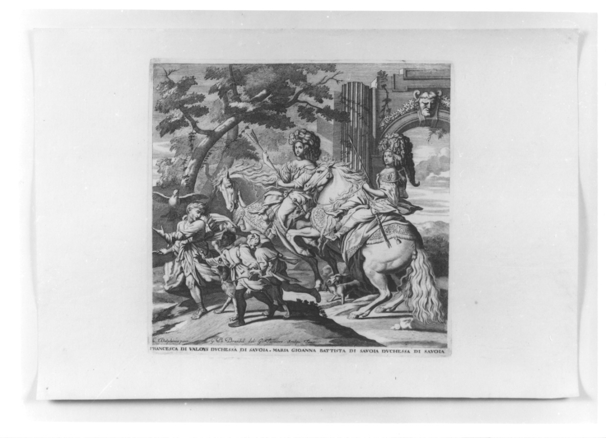 ritratto equestre di Francesca di Valois e di Maria Giovanna Battista di Savoia-Nemours (stampa, elemento d'insieme) di Brambilla Giovanni Battista, Dauphin Charles, Tasnière Georges (terzo quarto sec. XVII)