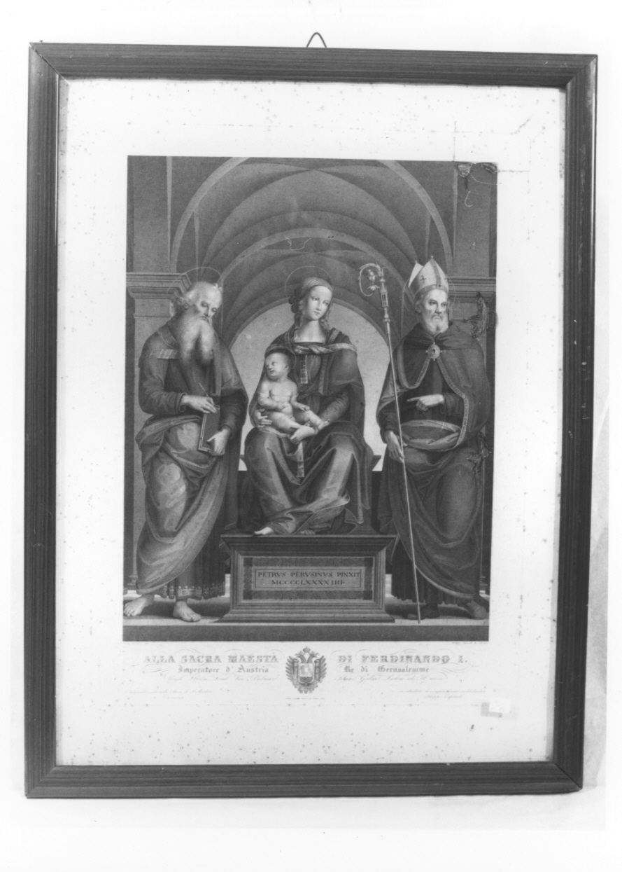 Madonna con Bambino con San Giacomo apostolo e Sant'Agostino (stampa) di Caporali Filippo, Vannucci Pietro detto Perugino (secondo quarto sec. XIX)