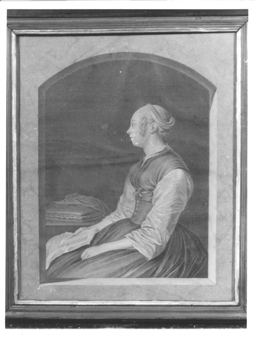 figura femminile con lettera (stampa) di Dou Gerrit, Wille Johann Georg (terzo quarto sec. XVIII)