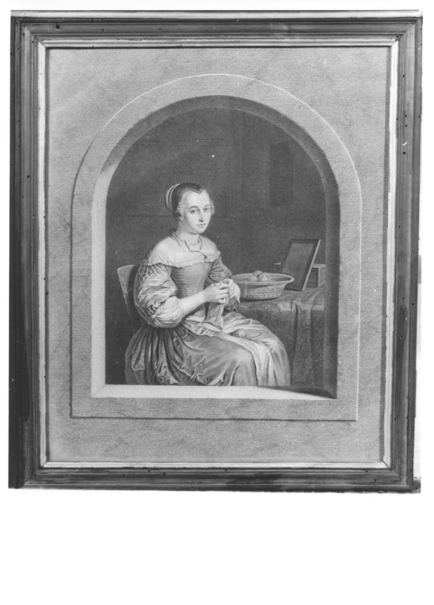 figura femminile che lavora a maglia (stampa) di Van Mieris Franz, Wille Johann Georg (terzo quarto sec. XVIII)