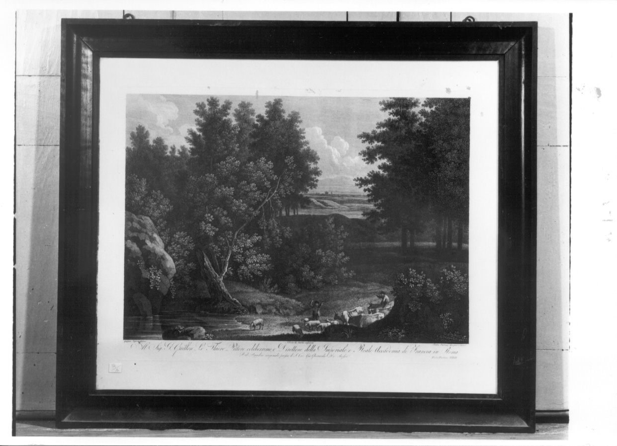 paesaggio fluviale con pastori e animali (stampa, serie) di Dughet Gaspard detto Le Guaspre, Boitel Isidore-Romain (prima metà sec. XIX)