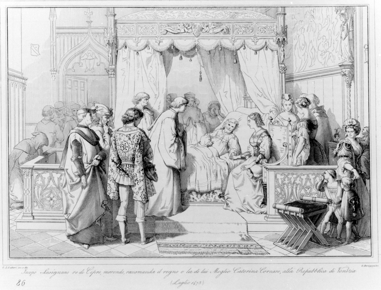 morte di Jacopo Lusignano re di Cipro (stampa, elemento d'insieme) di Bernasconi G, Gatteri Giuseppe (terzo quarto sec. XIX)