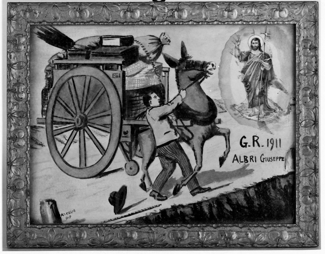 intervento di San Giovanni Battista per sventare incidente (stampa a colori) di Azeglio (sec. XX)