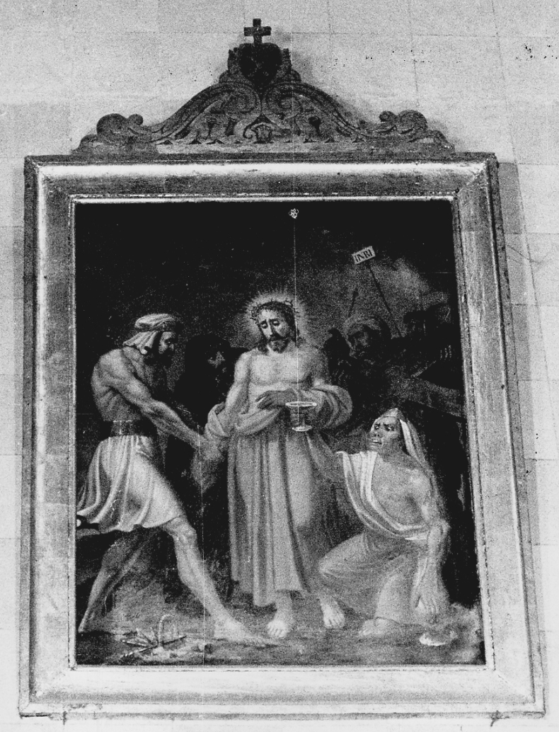 stazione X: Gesù spogliato e abbeverato di fiele (dipinto) - ambito piemontese (metà sec. XIX)