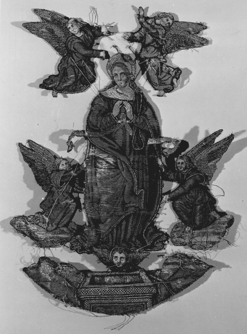 Madonna Assunta con angeli (decorazione a ricamo, opera isolata) - manifattura lombardo-piemontese (ultimo quarto sec. XVI)