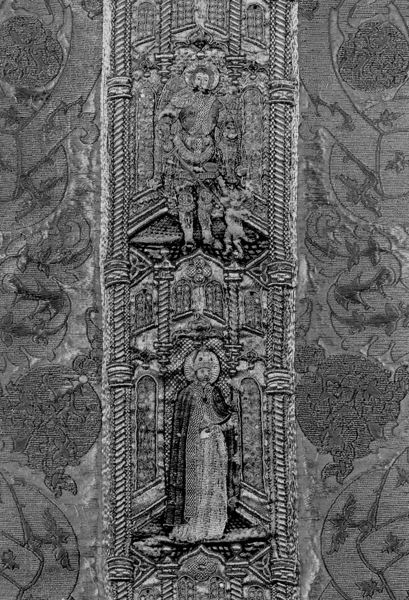San Michele Arcangelo combatte Satana (decorazione a ricamo, elemento d'insieme) - manifattura lombardo-piemontese (seconda metà sec. XV)
