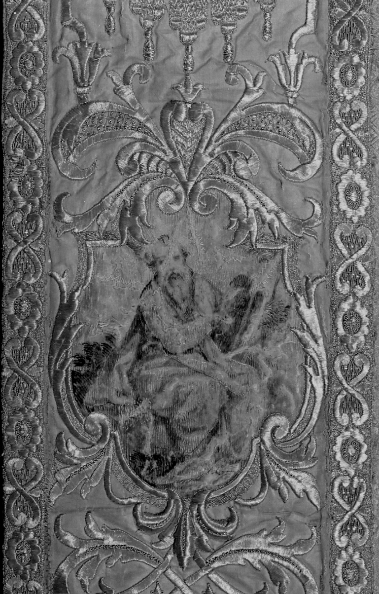 Mosè (decorazione a ricamo, elemento d'insieme) - manifattura lombardo-piemontese, manifattura francese (primo quarto, primo quarto sec. XVIII, sec. XIX)