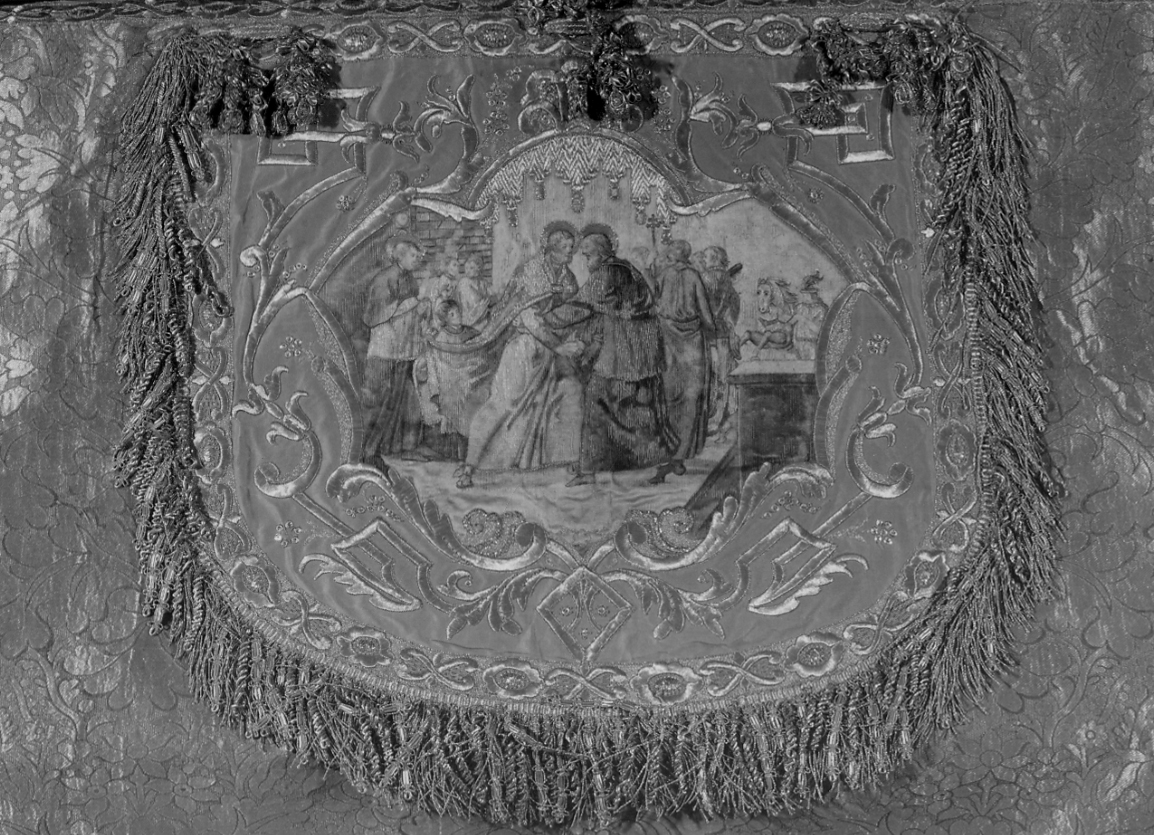 incontro di santi (cappuccio di piviale, elemento d'insieme) - manifattura lombardo-piemontese, manifattura francese (metà, primo quarto sec. XVIII, sec. XIX)