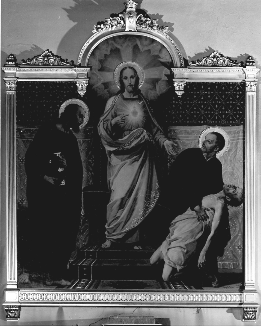 Sacro Cuore di Gesù, San Luca e San Camillo de Lellis (dipinto, opera isolata) di Guglielmino Luigi (metà sec. XX)