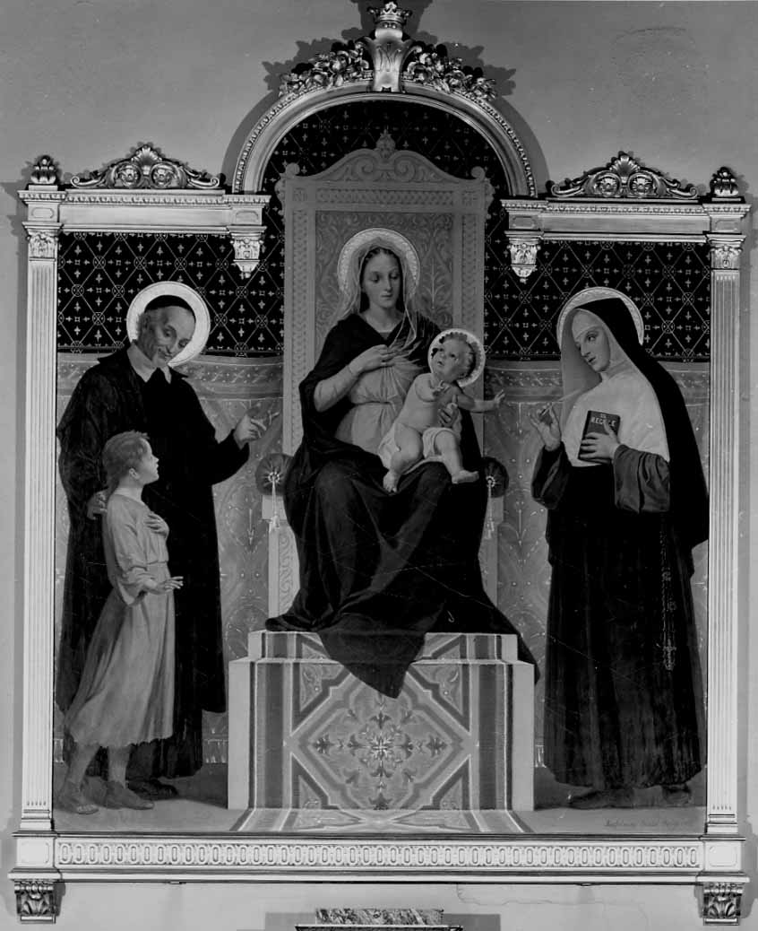 Madonna col Bambino, San Vincenzo de' Paoli e Santa Giovanna Antida (dipinto, opera isolata) di Guglielmino Luigi (metà sec. XX)
