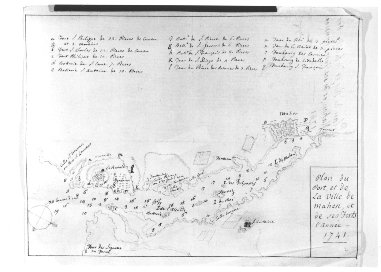 PLAN DU PORT ET DE LA VILLE DE MAHON ET DE SES FORTS L'ANNEE 1741, pianta del porto della citta' di Mahon (disegno, opera isolata) - ambito francese (metà sec. XVIII)