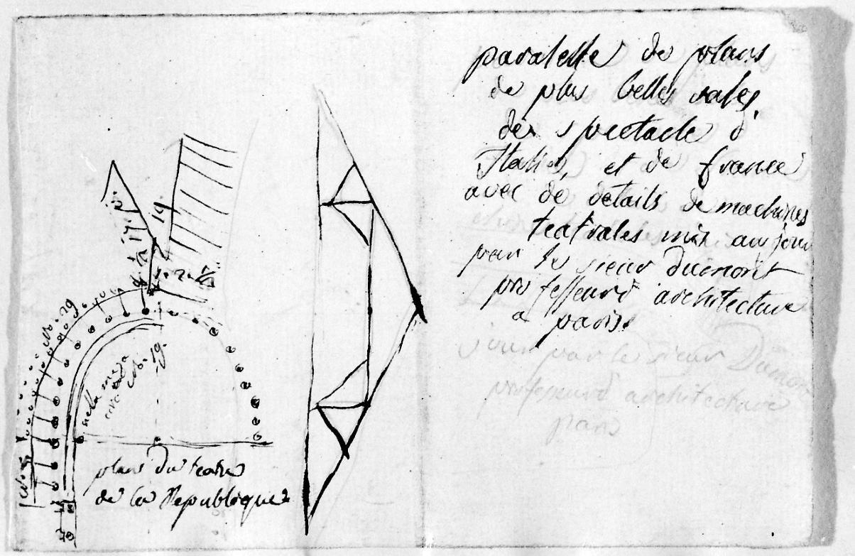 Plan du theatre de la Republique a Paris, pianta del Teatro de La République di Parigi (disegno, opera isolata) di Canonica Luigi (attribuito) (prima metà sec. XIX)