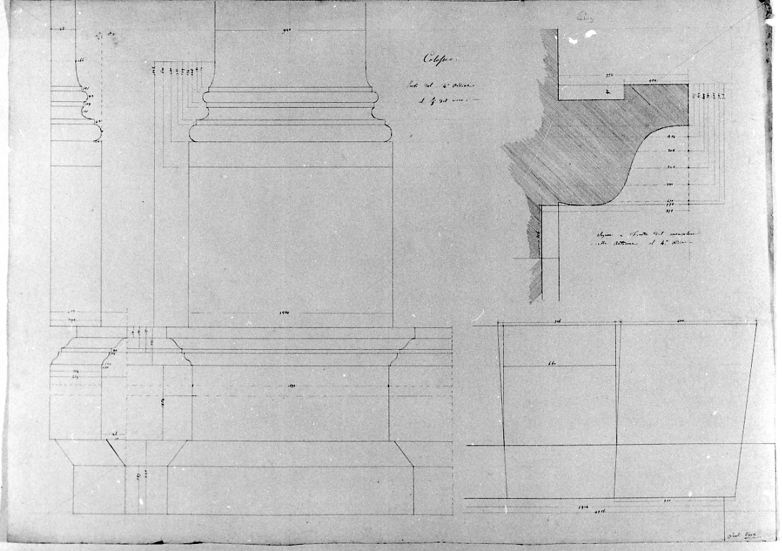 Colosseo: parti del quarto ordine al primo ottavo del vero, particolari architettonici del Colosseo (disegno, opera isolata) di Olioli Carlo (metà sec. XIX)