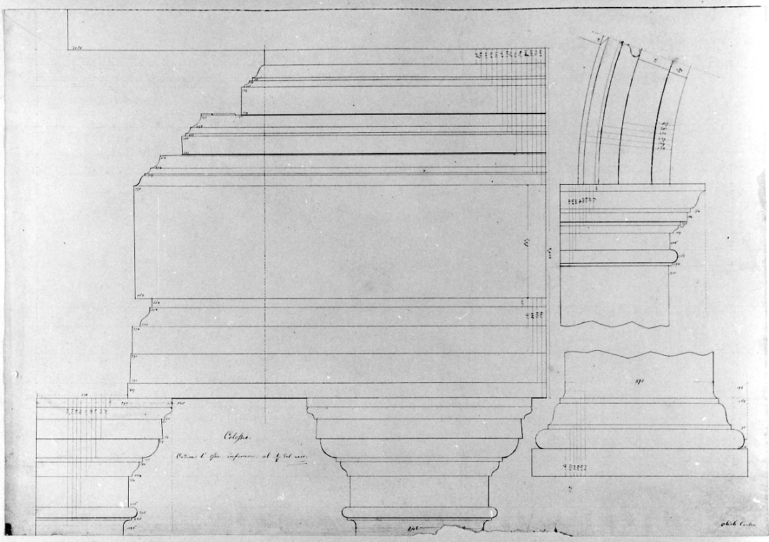 Colosseo: ordine primo, ossia inferiore al primo ottavo del vero, particolari architettonici del Colosseo (disegno, opera isolata) di Olioli Carlo (metà sec. XIX)