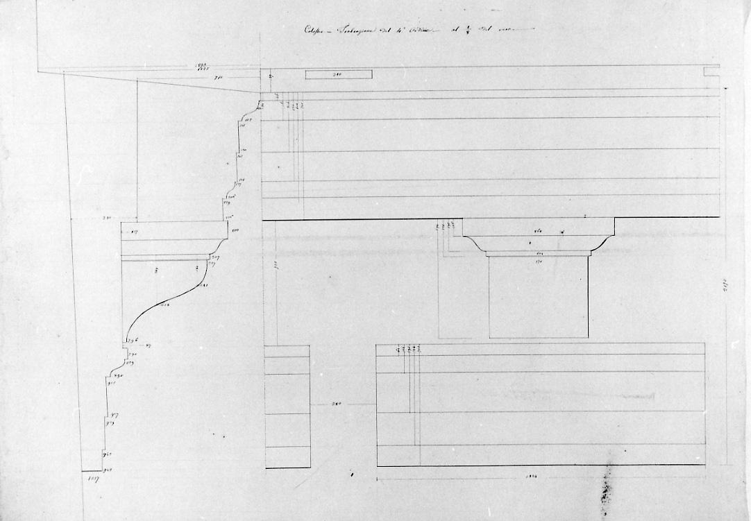 Colosseo: trabeazione del quarto ordine al primo ottavo del vero, particolari architettonici del Colosseo (disegno, opera isolata) di Olioli Carlo (metà sec. XIX)