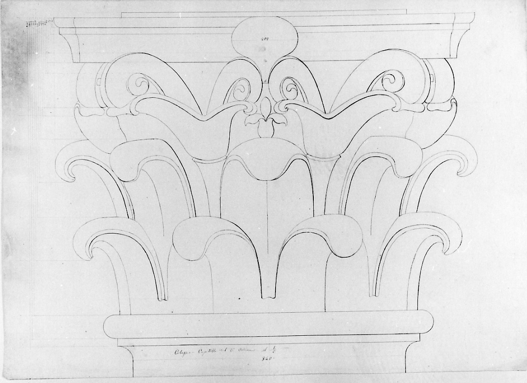 Colosseo: capitello del terzo ordine al primo terzo, particolari architettonici del Colosseo (disegno, opera isolata) di Olioli Carlo (metà sec. XIX)