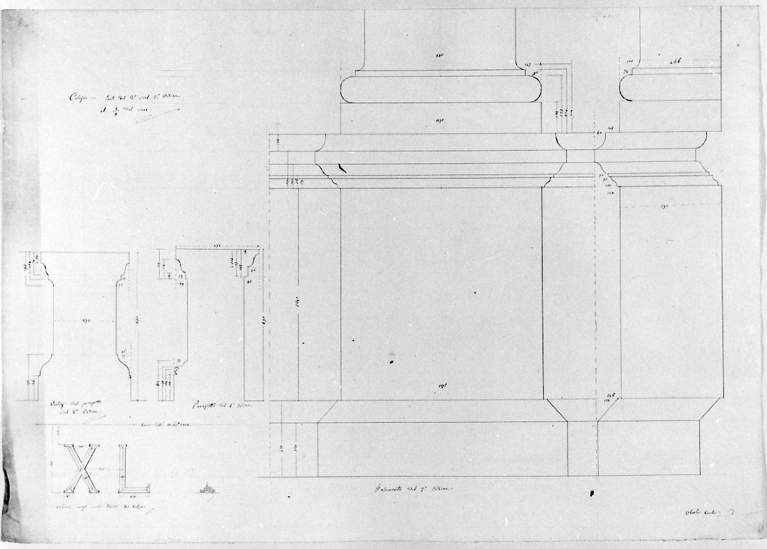 Colosseo: parti del secondo e del terzo ordine al primo ottavo del vero, particolari architettonici del Colosseo (disegno, opera isolata) di Olioli Carlo (metà sec. XIX)